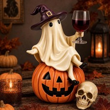 Ghost and Wine Halloween Decoration Sitting on a Pumpkin Home Decor