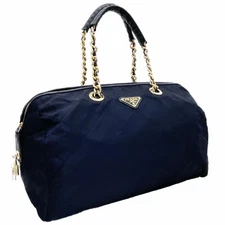 Prada Chain Boston Bag Navy Nylon Leather Quilted Vintage Authentic