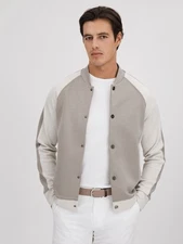 $255 Reiss Pelham Colourblock Jersey Bomber Jacket Taupe/White Men’s Size Small