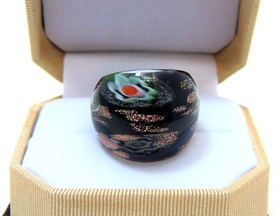 Boho Art Black & abstract Floral theme Hand Blown Glass Bling Ring size 7.5