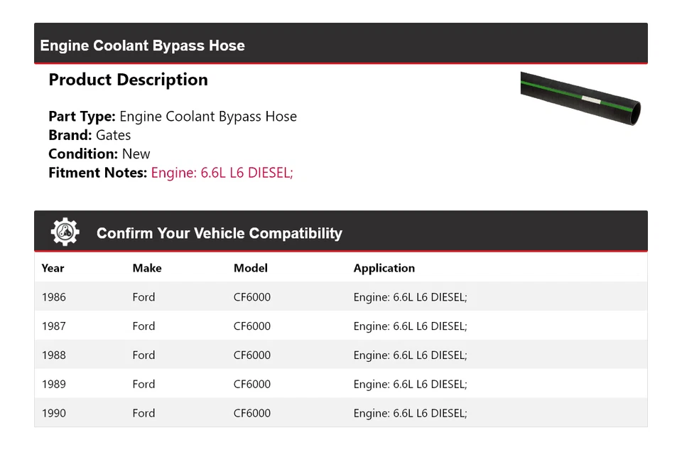 Puertas de manguera de derivación de refrigerante de motor diésel L6 6,6 L para Ford CF6000 1986-1990 1987 Foto 2 de 4