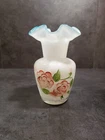 Fenton White Opalescent Swirl Vase Blue Crest Ruffled Rim Painted Roses Vintage