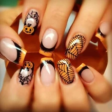 Halloween Press on Nails Medium Square Black Yellow Contrast French Designs-18