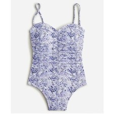 NWT J.Crew Blue Dandelion Swirl Ruched Sweetheart One Piece Swimsuit Size 24