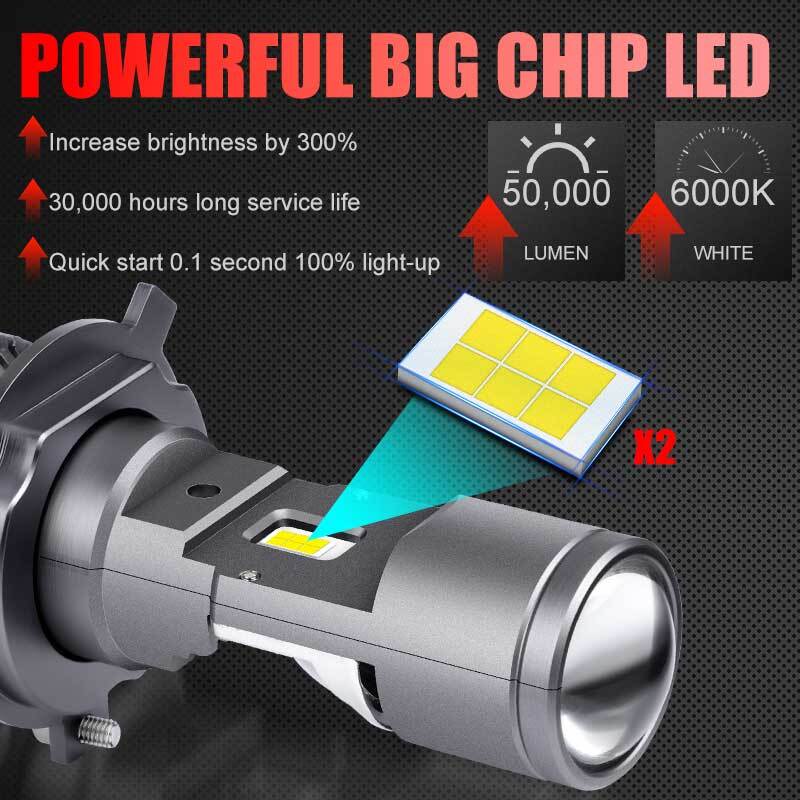 Mini Bi-LED Projector Lens Kit - H4/9003 Socket - 100W 40000LM Hi/Lo Beam - 6000K Cold White - IP67 (Pair)