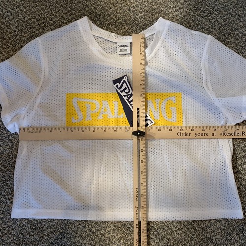 NWT Spalding Womens L White/Yellow Spellout Cropped Jersey Short Sleeve Shirt - Picture 4 of 4
