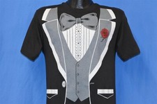 vtg 80s TUXEDO SHIRT SUIT JACKET BOW TIE BOUTONNIERE COSTUME RUFFLE t-shirt S
