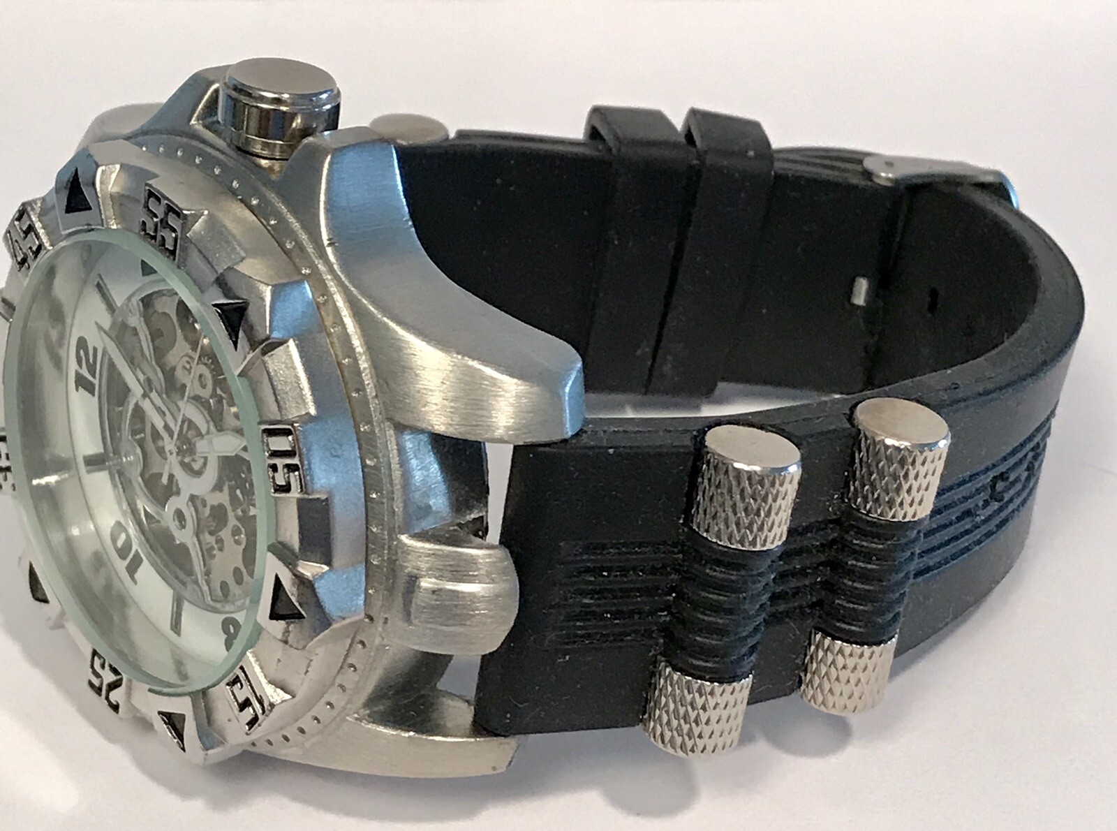 52mmm Auto Fully Skeletonized Black & Silvertone Strap TecnoSport Mens Watch