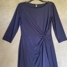 Chaps Navy Blue Dress Womens Size M 3/4 Sleeve Twisted Wrap Front Design Stretch