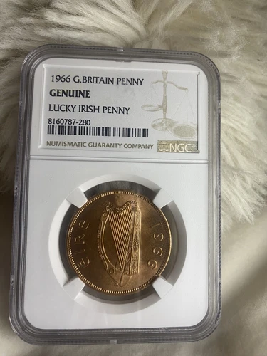 1966 Ireland 1p - NGC Genuine -  Irish Penny - Irish Harp - Erie - Woodcock - 1p