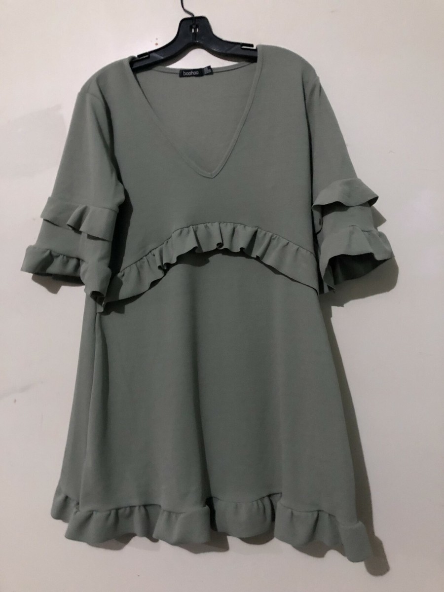 boohoo green ruffle dress Size 14 Olive Flare Women Stylish Cut personalized print