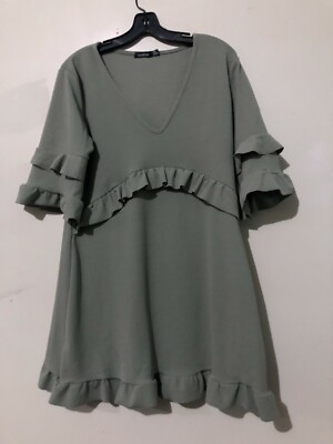 Boohoo Size 14 Olive Green Flare Ruffle Dress Women Stylish Cut | eBay