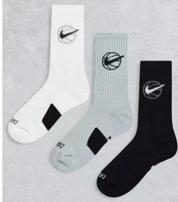 Nike Dri Fit Basketball Everyday Socks Unisex 3 Pack White Grey Black Medium 5-8