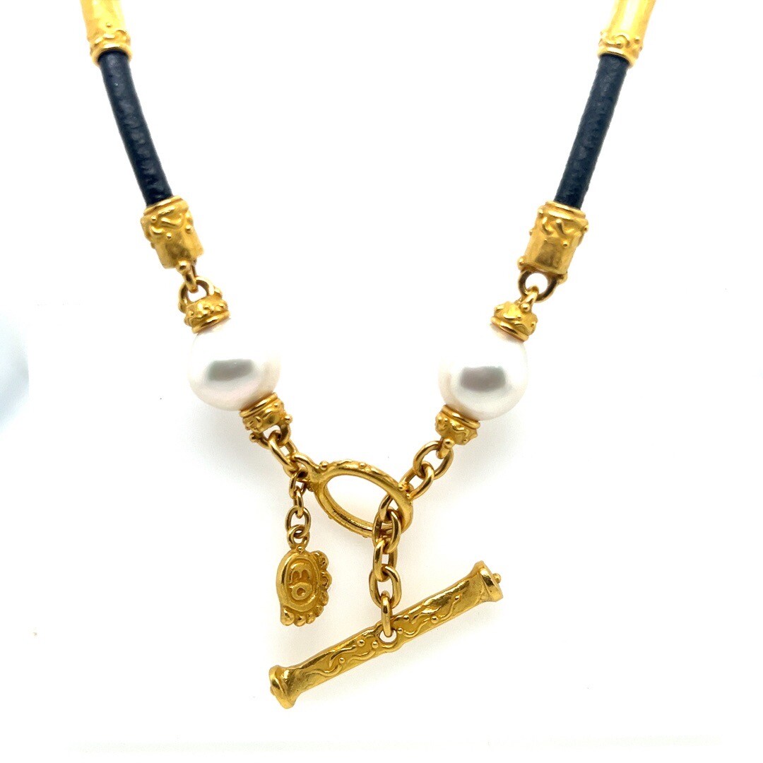 Retro Signed Denise Roberge 22k Gold Black Leather Pearl