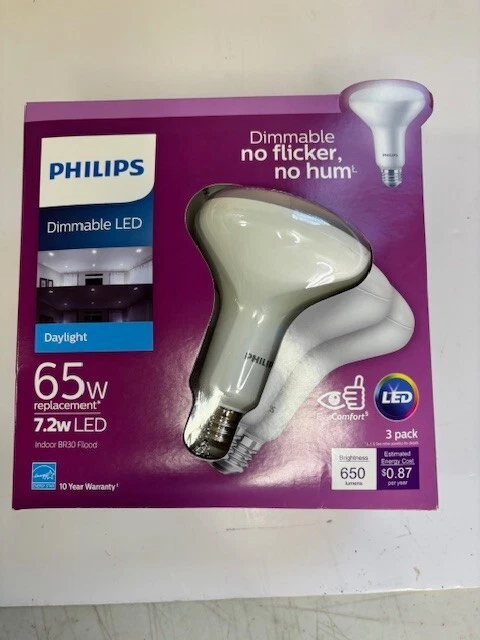 Genuine Philips 65W Equivalent BR30 Dimmable 7.2w LED Bulb Daylight - 3 Bulbs - Image 3 of 4