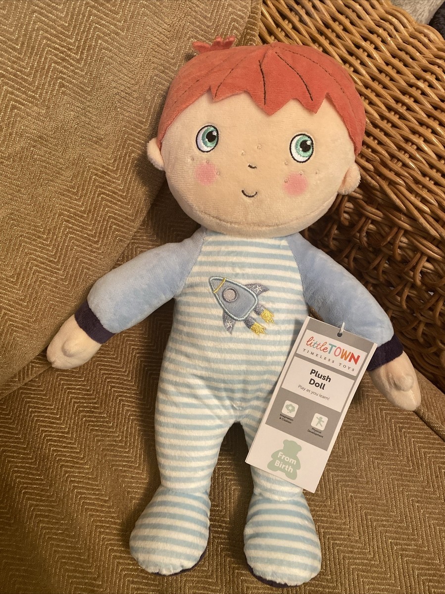ALDI SOFT TOY PLUSH BABY DOLL IN A ROCKET SLEEP SUIT RED HAIR