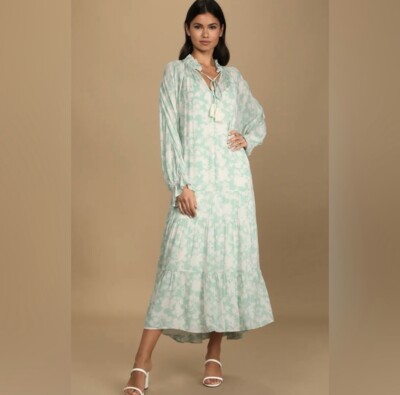 Lulus Soft Heart Mint Floral Print Long Sleeve Tiered Maxi Dress Size Small  | eBay