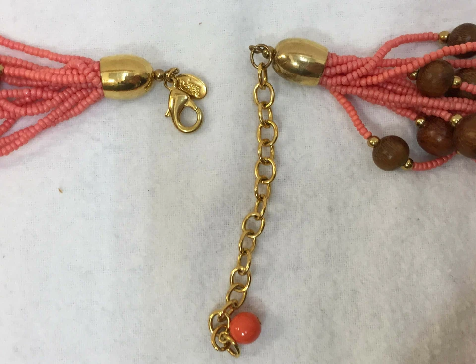 Joan Rivers Bib Necklace Coral Pink Seed & Brown Wood Wooden Bead Multi Strand - Image 4 of 4