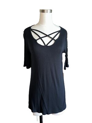 Maurices 24/7 Women's Short Sleeve Black Criss Cross Neck