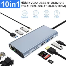 US 10 in 1 HUB Type-C to 4K HDMI VGA USB Multi Port Adapter for Laptop Macbook