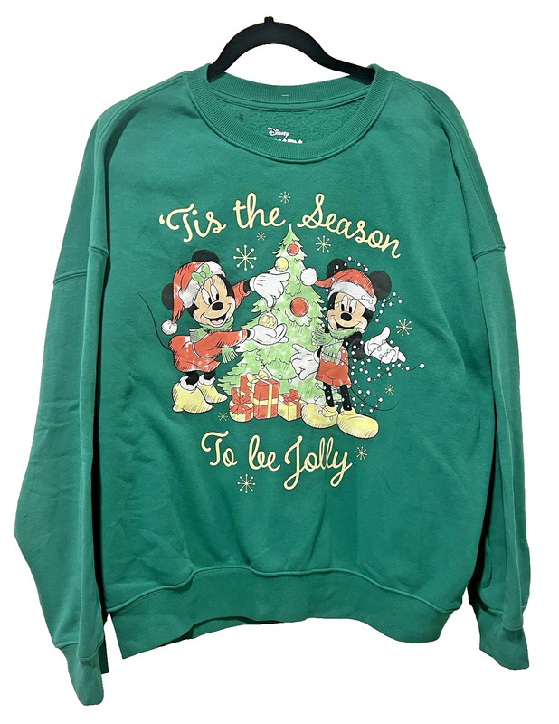 Women’s Disney Tis The Season Mickey and Minnie Sweatshirt Green Sz Lg Preowned