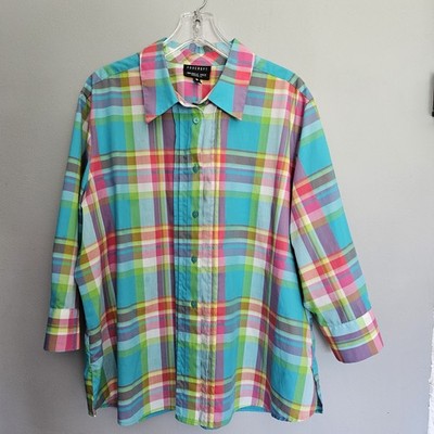 Foxcroft Shirt Size 20W 2X Non Iron Shaped Fit Pink Blue Madras Plaid Button Up