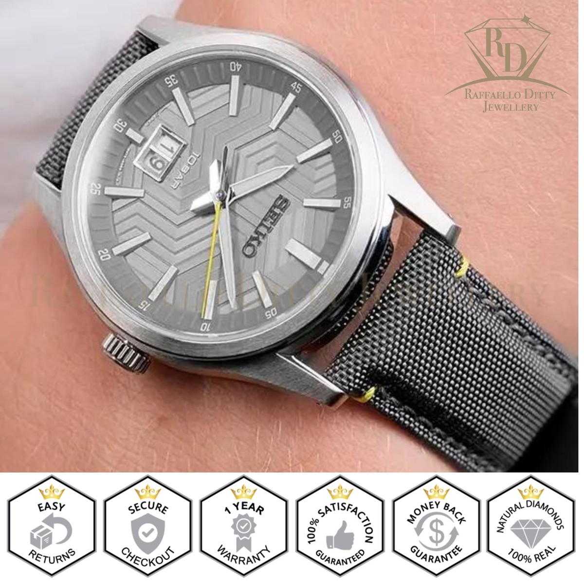 SEIKO Men's Watch Quartz Grey Dial Leather Strap Stainless Steel