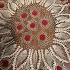 Vintage 3D Rose Crochet Doily 24" LgPineapple Lace Cream Red Green Cottagecore — photo 2
