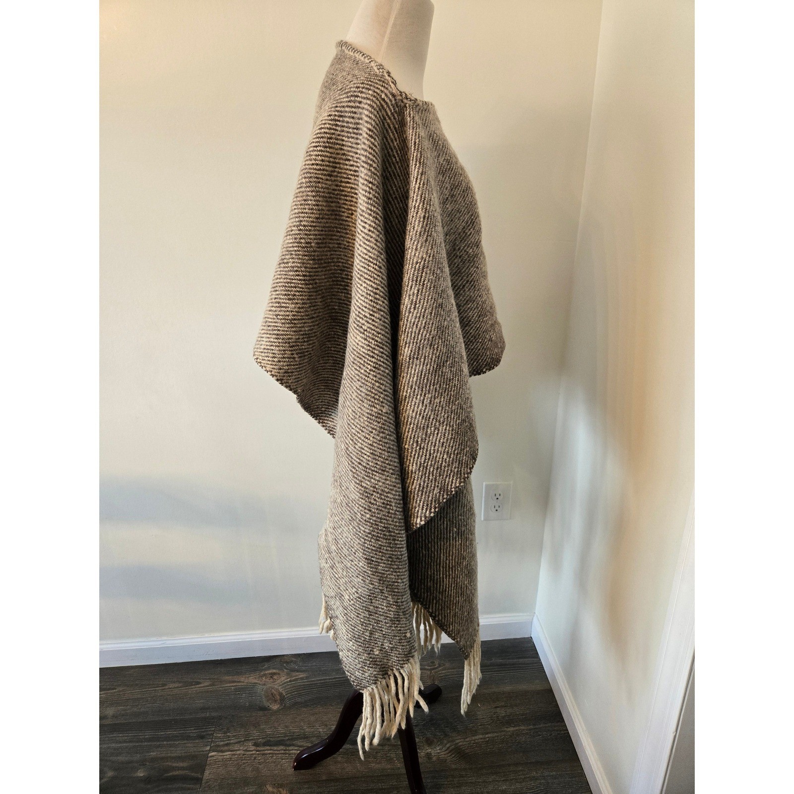 Wool Knit Poncho Wrap Shawl Fringe Neutral Herringbone Pattern One Size image 4