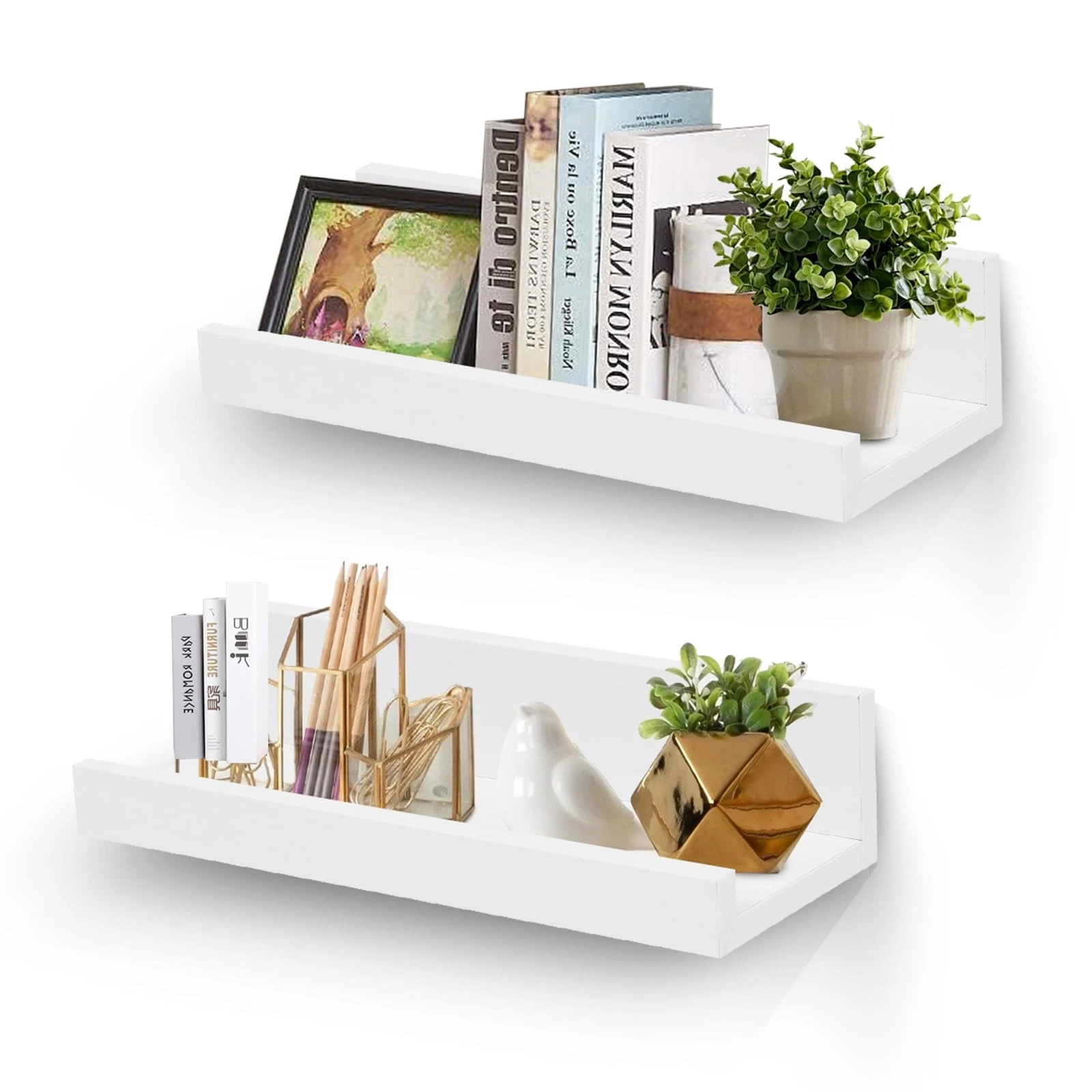 12 Inch Floating Wall Shelves Set of 2, Wood Picture Ledge with Lip for Office