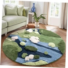  Modern Round Area Rug, Grass Green Moss Aesthetic Rug for Bedroom Non-Slip 