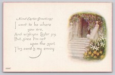 Vintage Easter Greetings Postcard Steps Archway Flowers Poem Made in USA