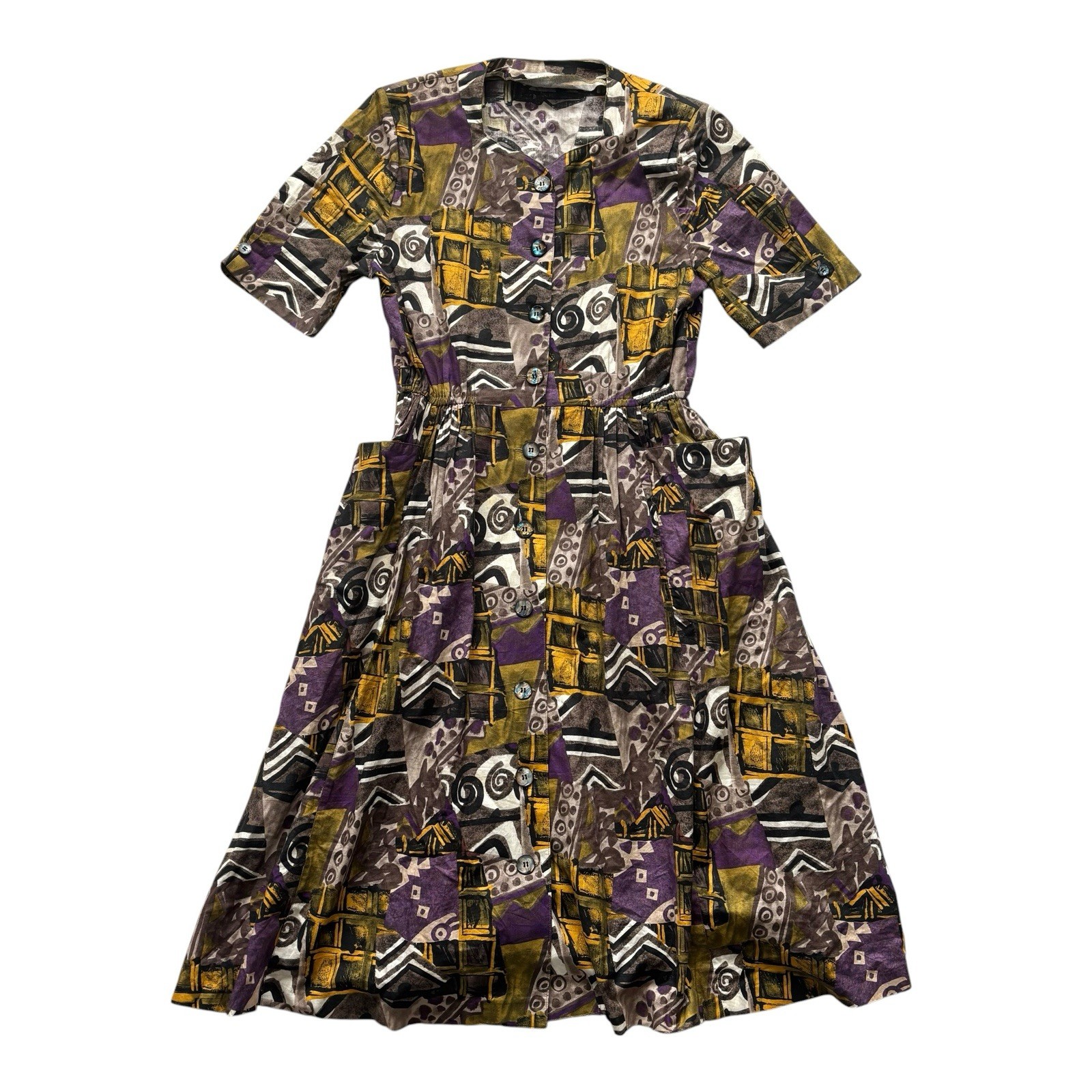 Vintage 80s Dress Abstract Print Buttoned Through Cotton Midi 12 image 2