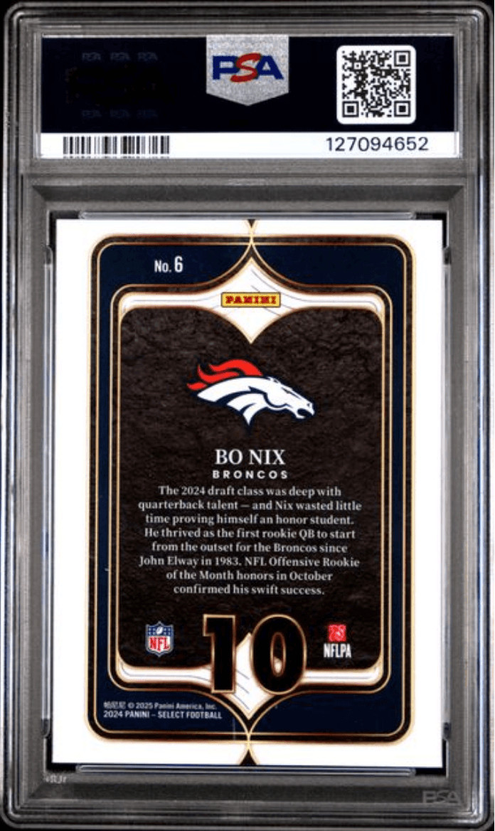 Graded 2024 Panini Select Bo Nix #6 Select Numbers Rookie Football Card PSA 10 view 2