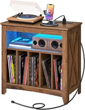 Record Player Stand with Charging Station and Light Strip, Vinyl Record Storage