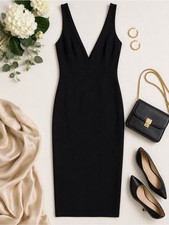 LuLu’s Black Deep V-Neck Bodycon Midi Dress Size Medium Made in USA