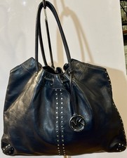 Vtg Michael Kors Astor Studded Navy Leather Carryall Large Tote Double Handles