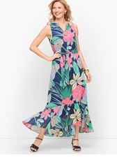 Talbots Voile Hibiscus Maxi Dress Floral Size 6 Cotton Sleeveless - read desc