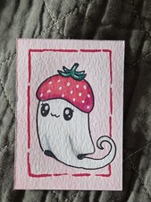 ACEO Original Art Cute Red Strawberry Ghost Kawaii ThisGingerCreates