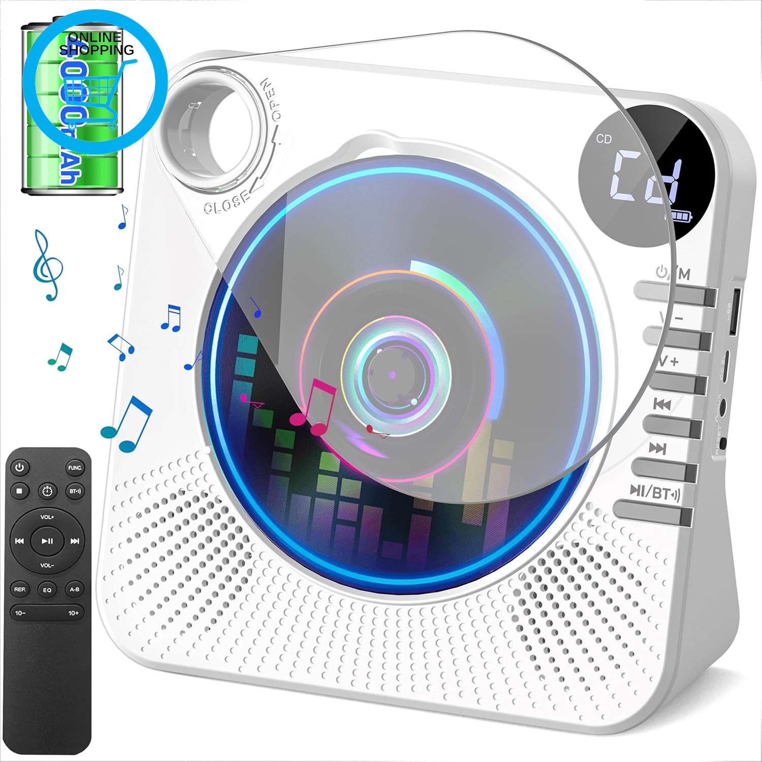 4000Mah Rechargeable CD Player Portable with Bluetooth,Hifi Stereo Speakers,Wire