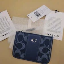 Coach Mini Skinny ID Card Case  Signature Denim Deep Blue CAN65 NWT $75