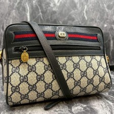 Gucci Crossbody Shoulder Bag Vintage Sherry Line GG Navy Beige PVC From Japan