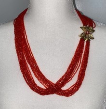 Vintage Red Multi Strand Seed Bead Necklace Gold Tone Floral Rhinestone Clasp