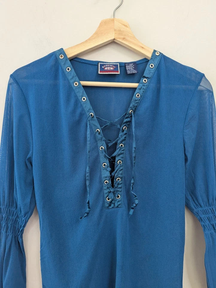 Vintage Y2K Teal Mesh Lace Up Top Jrs. L Fairy Grunge - Image 3 of 4