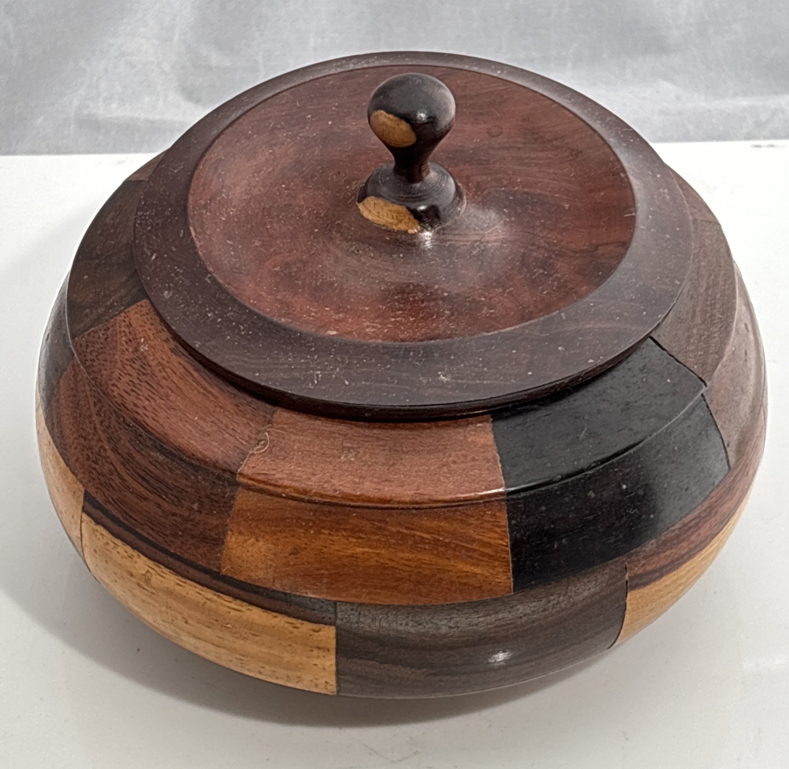 Vintage Hand Turned Lidded Wood Trinket Box Craft Marquetry 6”