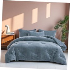 Velvet Comforter Set/Full Size Fluffy Velvet 3 Piece, Soft Queen Grey Blue