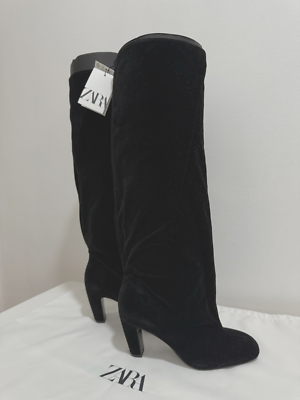 Zara Black Velvet Slough Boots Heel Knee High UK 4 5 6 Ref 1026