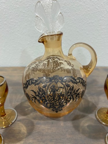 Vintage Amber Glass Sterling Silver Overlay Decanter and Cordial Glasses Art Dec - Picture 3 of 10