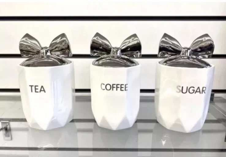 Tea Coffee Sugar Jar White Silver Bow Set Ceramic Air Tight Canisters Storage