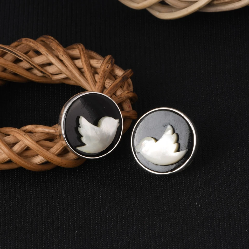 Mother Of Pearl Dove Bird Stud Earring With Black Onyx Silver Sterling Jewelry - Image 4 of 4